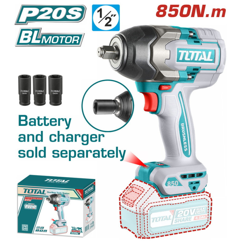 TOTAL ΕΠΑΓΓ. ΜΠΟΥΛΟΝΟΚΛΕΙΔΟ ΜΠΑΤ. Li-ion 20V / 850Nm ΧΩΡΙΣ ΜΠΑΤΑΡΙΑ & ΦΟΡΤΙΣΤΗ (TIWLI20851)