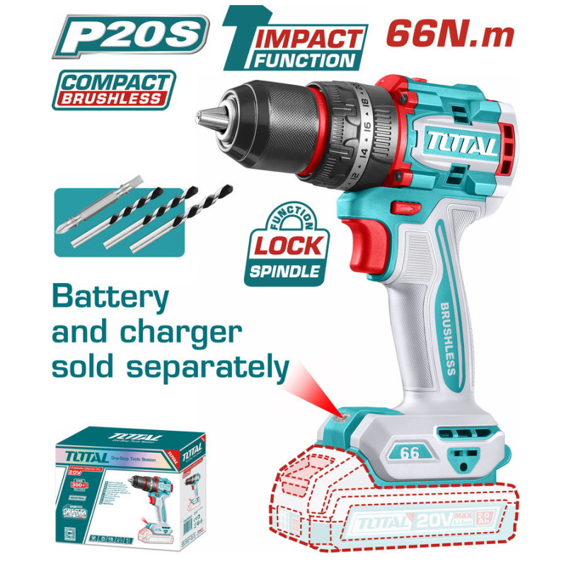TOTAL ΕΠΑΓΓ. ΔΡΑΠΑΝΟΚΑΤΣΑΒΙΔΟ ΚΡΟΥΣΤΙΚΟ ΜΠΑΤ. Li-ion 20V / 66Nm BL Motor ΧΩΡΙΣ ΜΠΑΤ & ΦΟΡΤΙΣΤΗ (TIDLI206681)