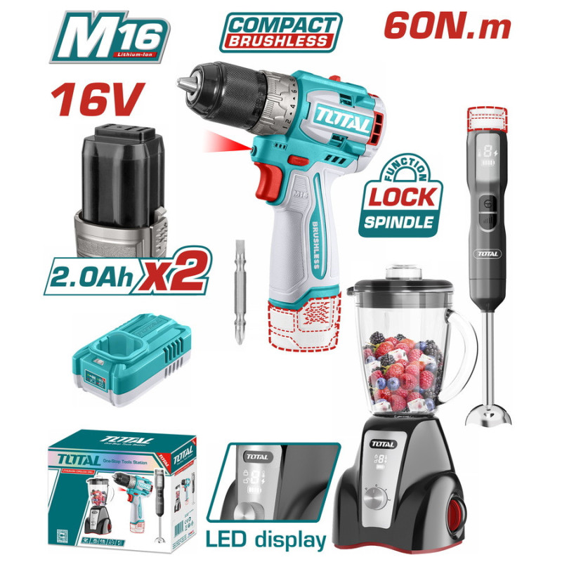 TOTAL ΣΕΤ ΔΡΑΠΑΝΟΚΑΤΣΑΒΙΔΟ 60Nm + BLENDER ΧΕΙΡΟΣ + BLENDER ΒΑΣΗΣ ΜΠΑΤ. Li-ion 16V / 2Ah / 2 ΜΠΑΤ (TOSLI240868E)