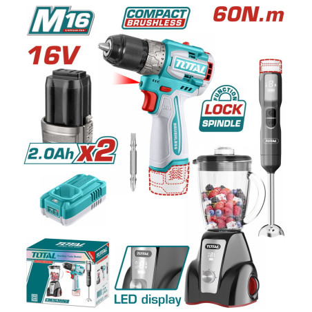 TOTAL ΣΕΤ ΔΡΑΠΑΝΟΚΑΤΣΑΒΙΔΟ 60Nm + BLENDER ΧΕΙΡΟΣ + BLENDER ΒΑΣΗΣ ΜΠΑΤ. Li-ion 16V / 2Ah / 2 ΜΠΑΤ (TOSLI240868E)