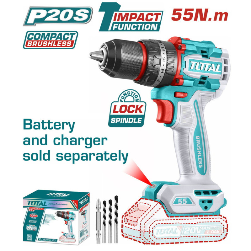 TOTAL ΕΠΑΓΓ. ΔΡΑΠΑΝΟΚΑΤΣΑΒΙΔΟ ΚΡΟΥΣΤΙΚΟ ΜΠΑΤ. Li-ion 20V / 55Nm BL Motor ΧΩΡΙΣ ΜΠΑΤ & ΦΟΡΤΙΣΤΗ (TIDLI205581)