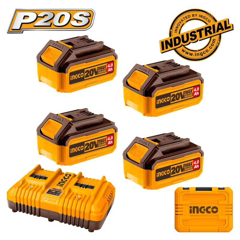 Μπαταρίες 4 τεμ. 20V 4.0Ah + Ταχυφορτιστής 2 Θέσεων + Βαλίτσα Σετ 6 τεμ.