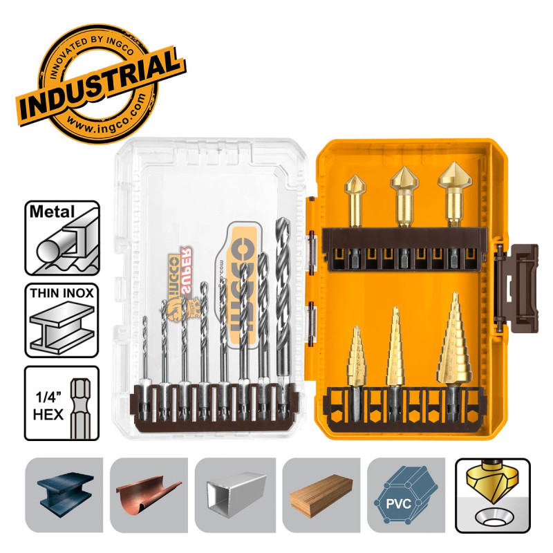 Τρυπάνια Κώνικα και Φρέζες Μετάλλου 1/4" Σετ 14 τεμ.